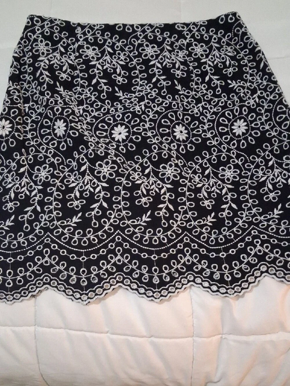 LOFT Black Mini Skirt with White Floral Embroidery